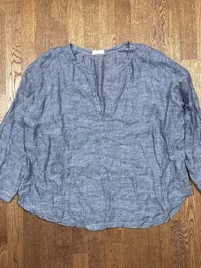 CP Shades Linen Chambray Blue Tunic Open Collar L/S Blouse Womens XL